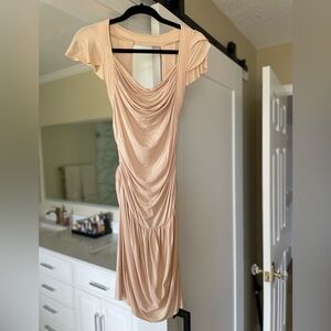 HOSS ENTROPIA Elegant Peach Draped Fitted Midi Dress